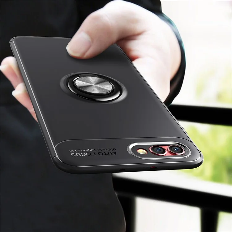 Magnetic Finger Ring Kickstand TPU Mobile Phone Case Shell for Huawei Honor V10 / View 10 - Black / Grey