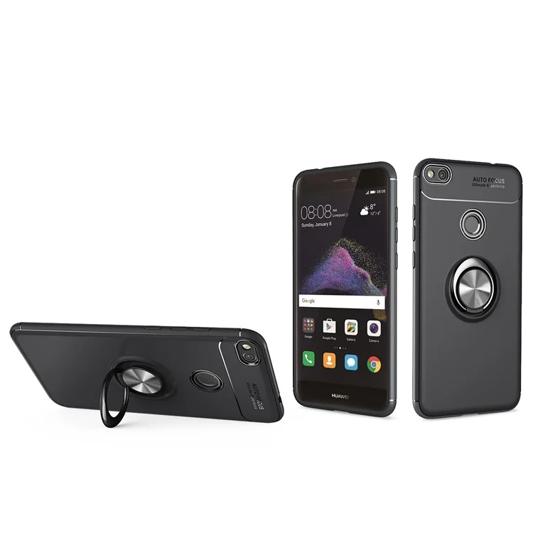 Case TPU Ring Kickstand Pour Huawei P8 Lite (2017) / Honor 8 Lite (feuille de Métaux de Support Magnétique Intégré) - le Noir / Gris