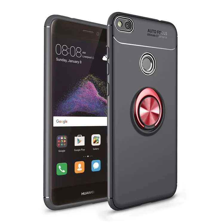 Finger Ring Kickstand TPU Cover for Huawei P8 Lite (2017) / Honor 8 Lite (Built-in Magnetic Holder Metal Sheet) - Black / Red