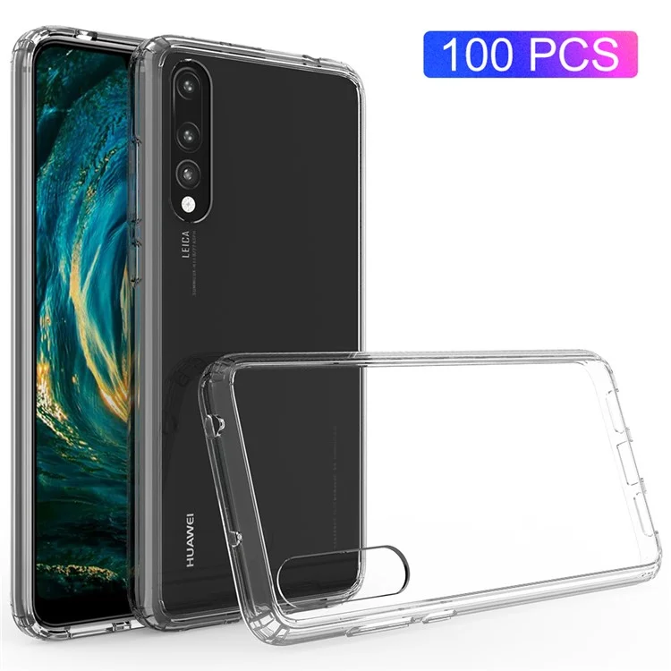 100Pcs/Lot for Huawei P20 Pro Drop-resistant Clear Acrylic + TPU Hybrid Back Cases - Transparent