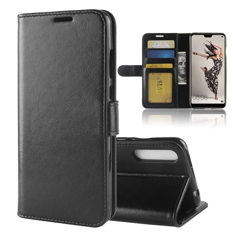 For Huawei P20 Pro Crazy Horse PU Leather Wallet Stand Case - Black