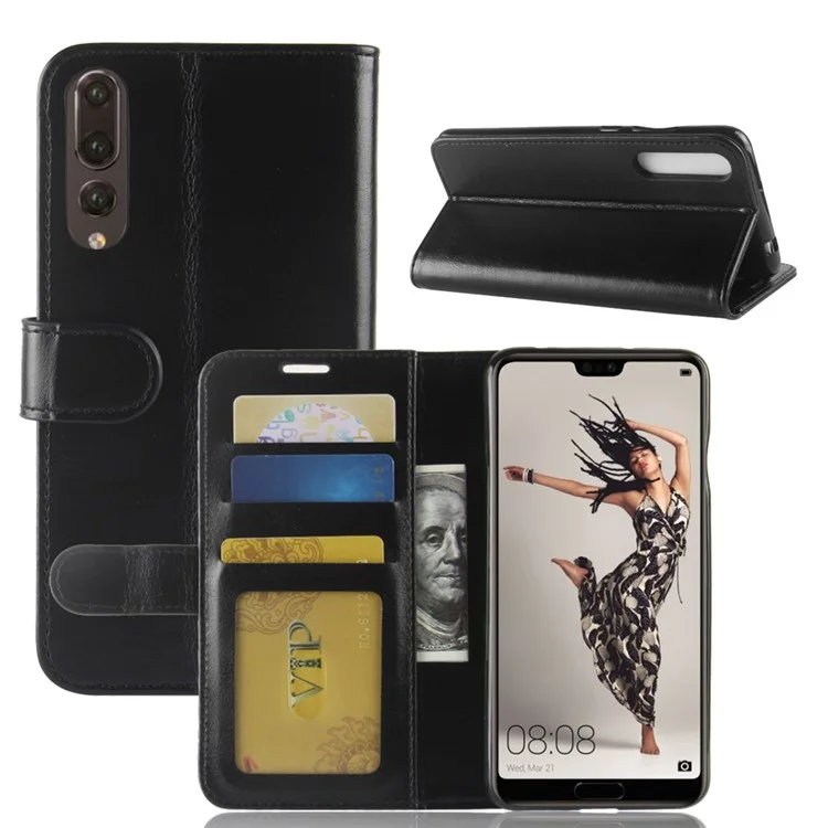 For Huawei P20 Pro Crazy Horse PU Leather Wallet Stand Case - Black