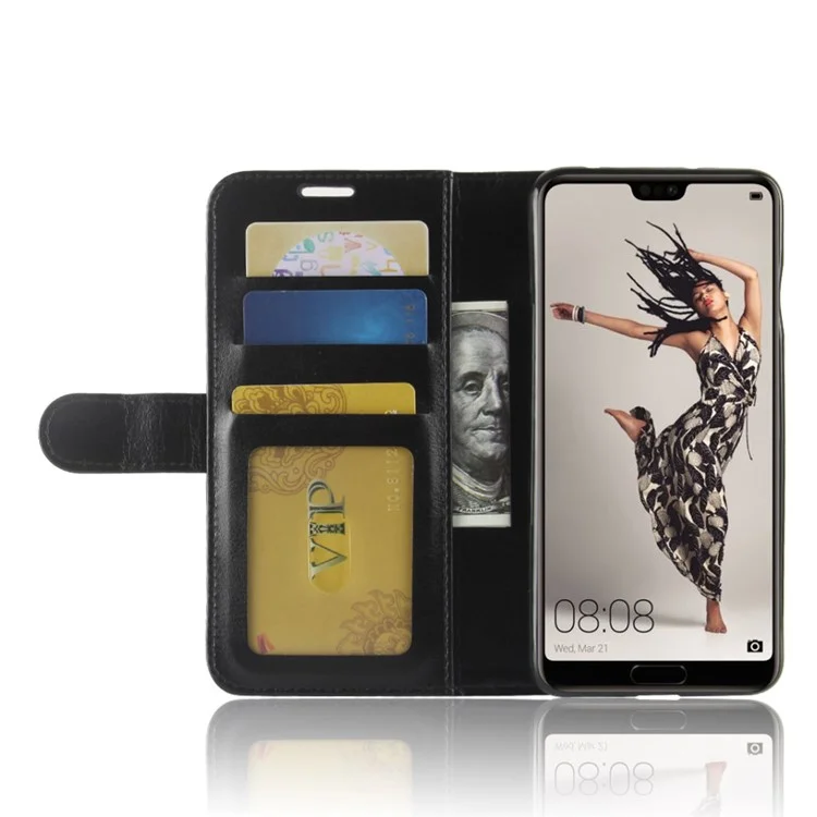 For Huawei P20 Pro Crazy Horse PU Leather Wallet Stand Case - Black