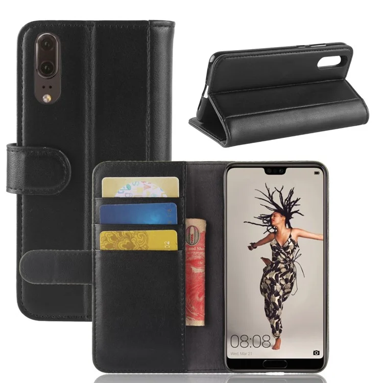 Genuine Split Leather Wallet Stand Case for Huawei P20 - Black