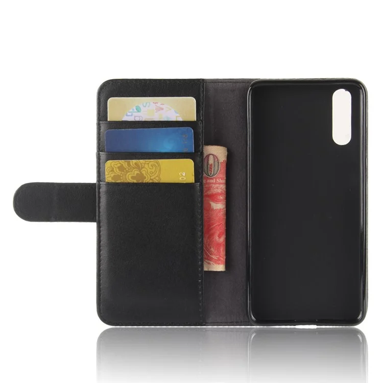 Genuine Split Leather Wallet Stand Case for Huawei P20 - Black