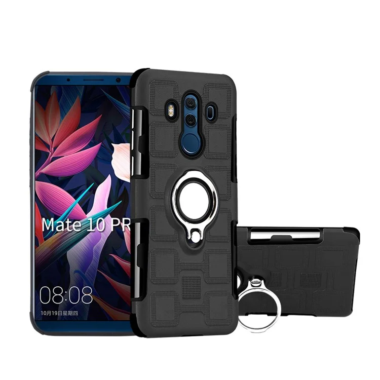 Geometric Design TPU PC Hybrid Case with Magnetic Car Mount Ring Holder for Huawei Mate 10 Pro - Black