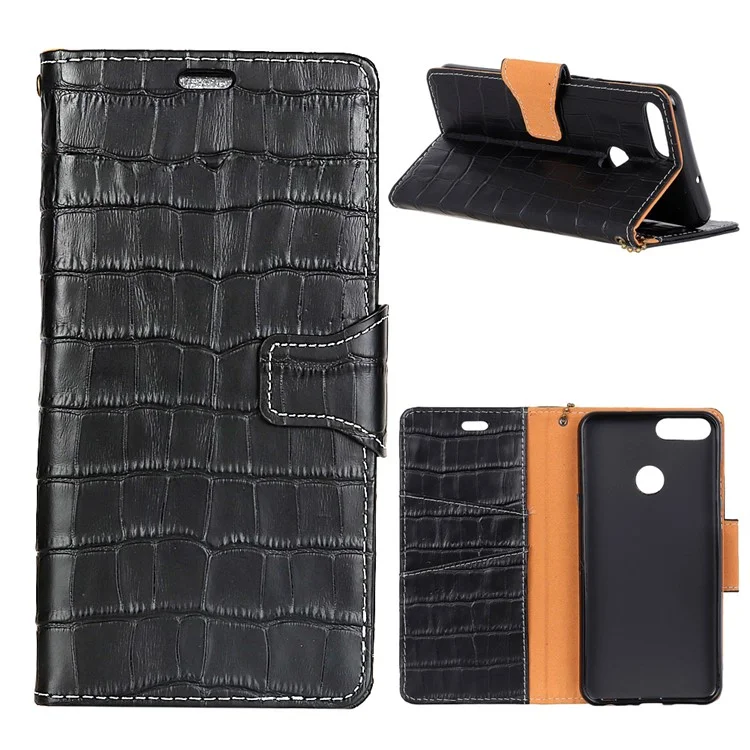Crocodile Texture Genuine Leather Wallet Case for Huawei Honor 9 Lite / 9 Youth Edition - Black