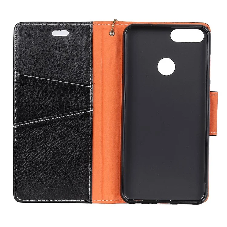 Genuine Leather Crazy Horse Flip Wallet Stand Cover for Huawei P Smart/Enjoy 7S - Black