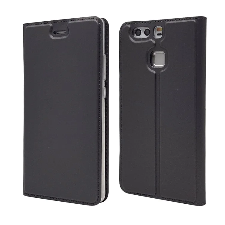 For Huawei P9 Magnetic Attraction Card Holder PU Leather Stand Case - Black