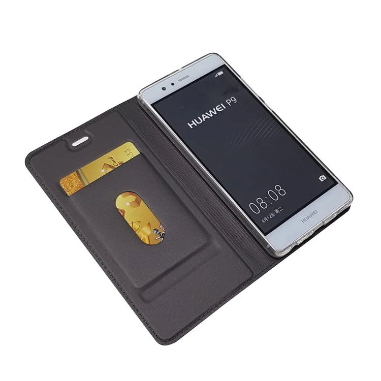 For Huawei P9 Magnetic Attraction Card Holder PU Leather Stand Case - Black