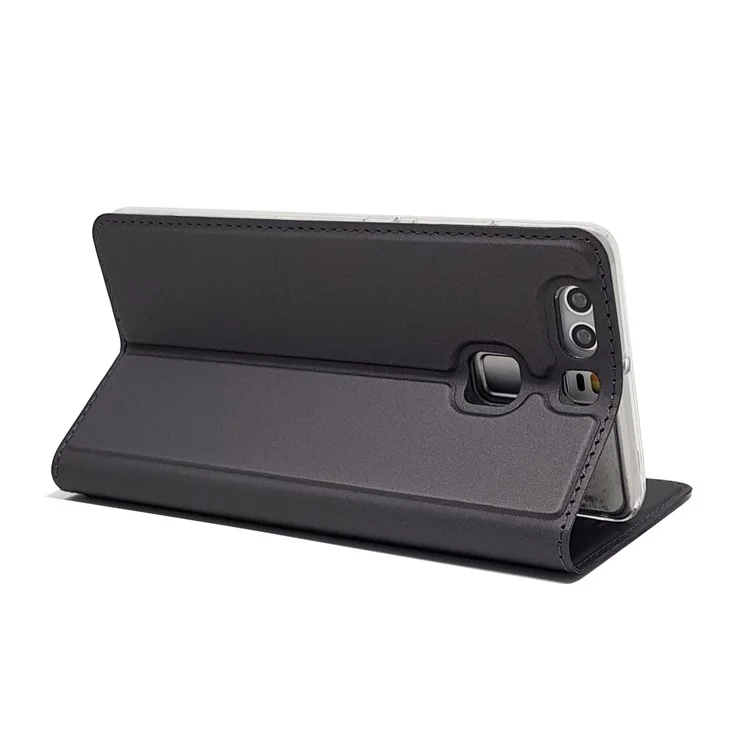 For Huawei P9 Magnetic Attraction Card Holder PU Leather Stand Case - Black