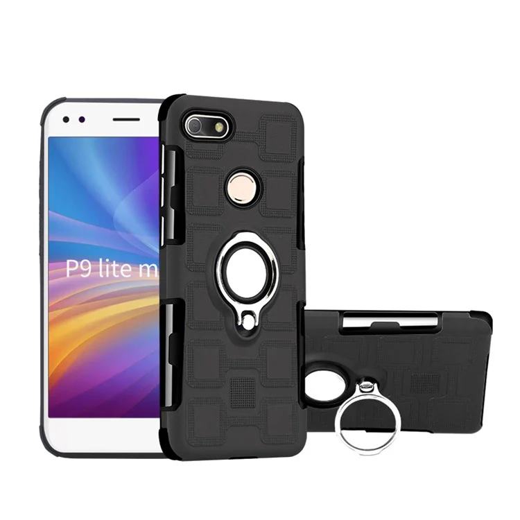 Geometric Design TPU + PC Hybrid Case with Magnetic Kickstand for Huawei P9 lite mini / Y6 Pro (2017) / Enjoy 7 - Black