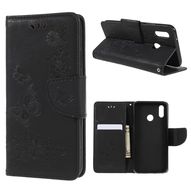 Imprint Butterfly Flower Stand Wallet Leather Case for Huawei P20 Lite / Nova 3e - Black