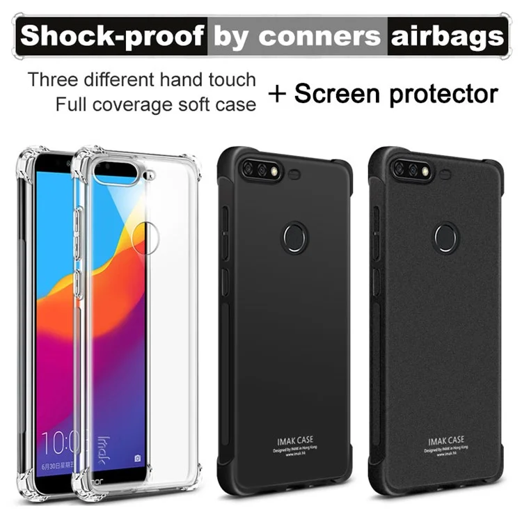 IMAK Sandy Feel Airbag Shockproof TPU Case + Screen Protector Film for Huawei Y7 Prime (2018) / Honor 7C/Enjoy 8 - Metal Black