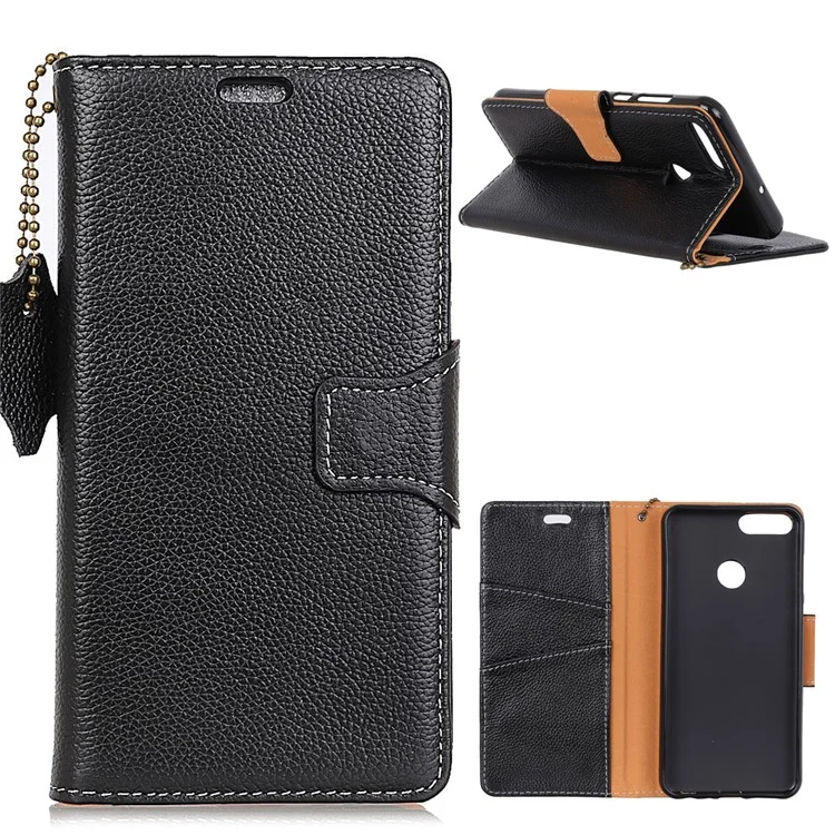MURREN Litchi Skin Genuine Leather Wallet Case for Huawei Y9 (2018) / Enjoy 8 Plus - Black