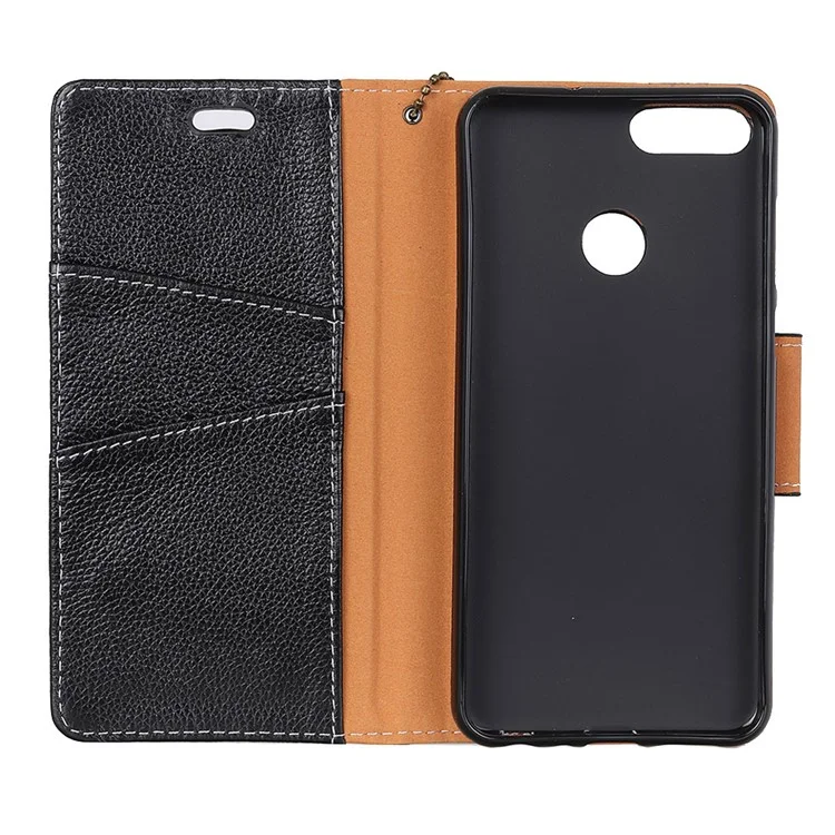 MURREN Litchi Skin Genuine Leather Wallet Case for Huawei Y9 (2018) / Enjoy 8 Plus - Black