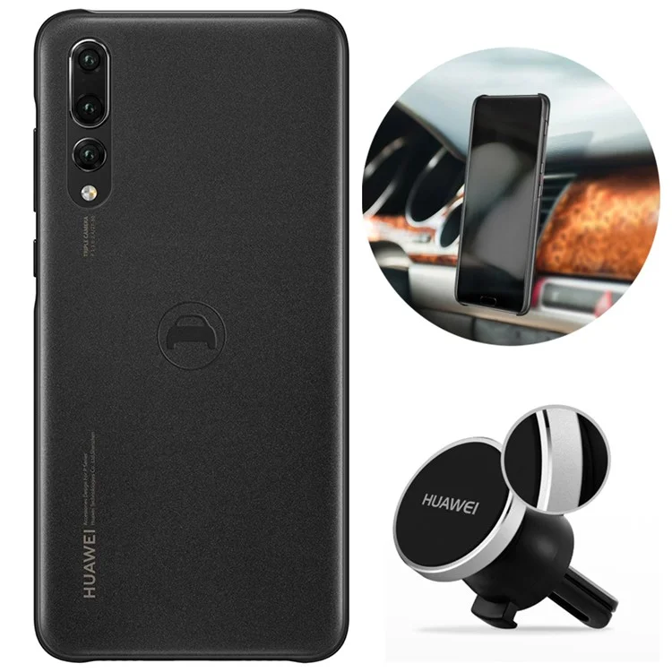 HUAWEI PU Leather Coated PC Hard Case + Magnetic Car Air Vent Mount Set for Huawei P20 Pro - Black