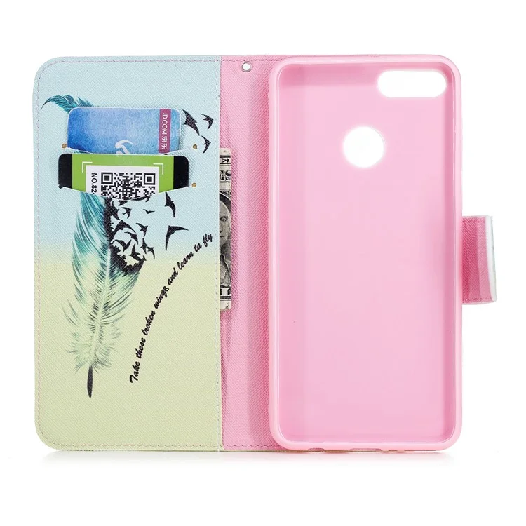 Pattern Printing Leather Wallet Cover for Huawei Y9 (2018) / Enjoy 8 Plus - Feather Pattern