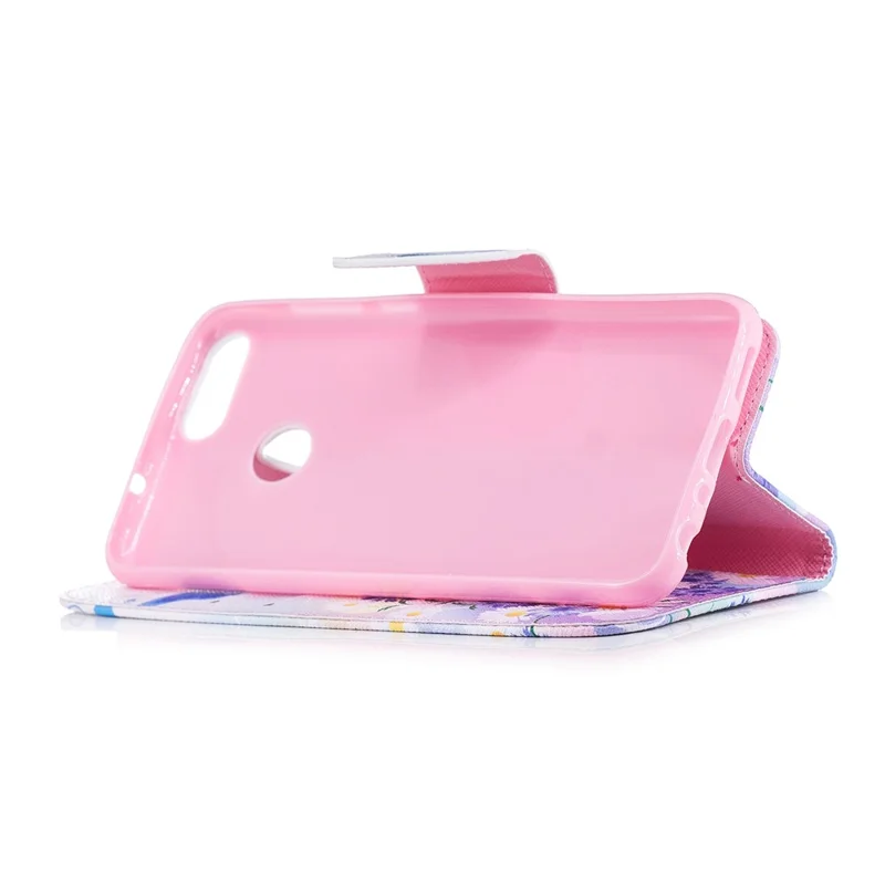 Mønstertrykt PU-læder wallet stående mobiltelefonbeskytning til Huawei P Smart / Enjoy 7S - Blå blomst og sommerfugl