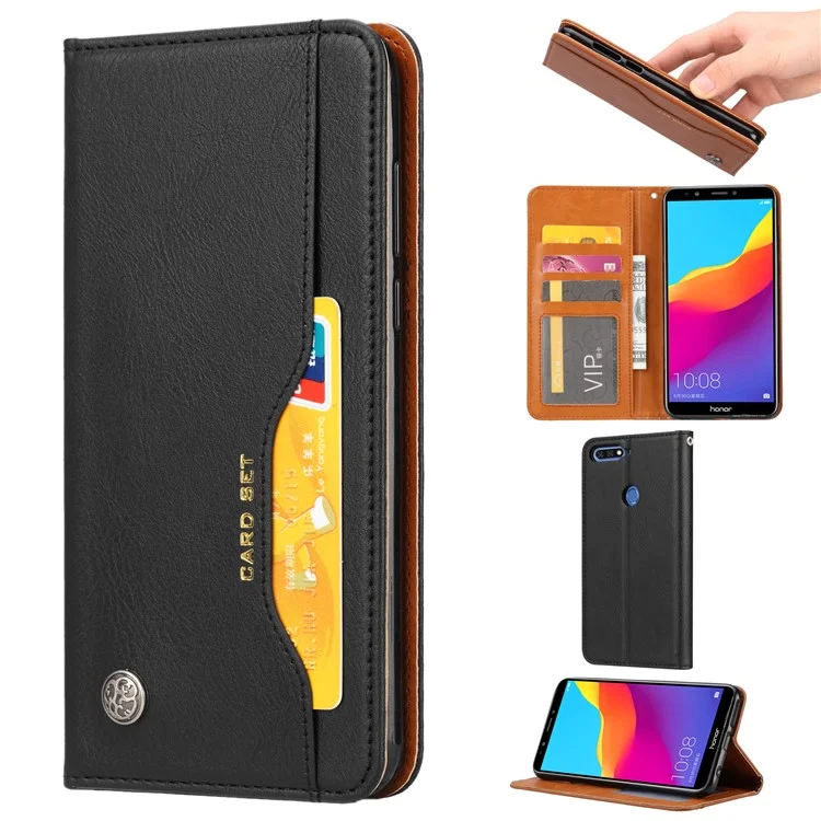 Auto-absorbed Stand Wallet Leather Case for Huawei Honor 7C / Enjoy 8 /Y7 Prime (2018)- Black