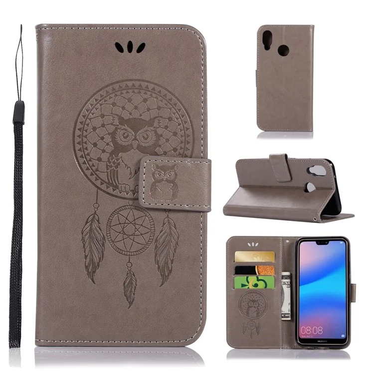 Imprinted Dream Catcher Owl Leather Wallet Case for Huawei P20 Lite / Nova 3e - Grey