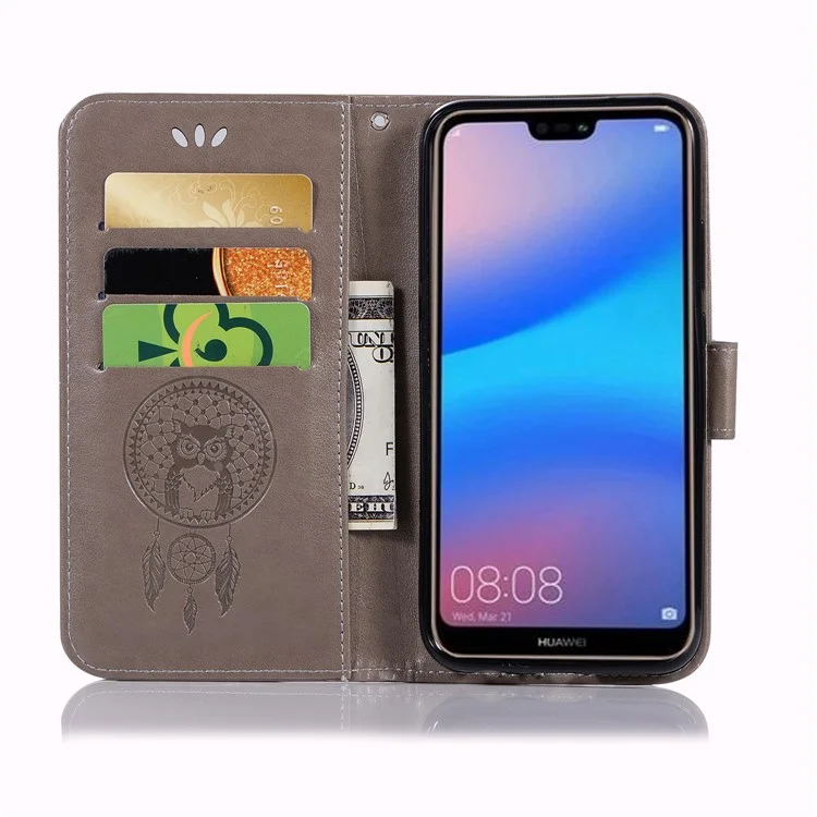 Imprinted Dream Catcher Owl Leather Wallet Case for Huawei P20 Lite / Nova 3e - Grey