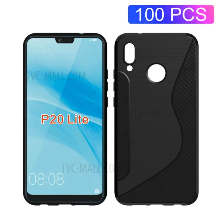 100Pcs/Set Carbon Fiber Brushed S Shape TPU Case for Huawei P20 Lite/Nova 3e - Black