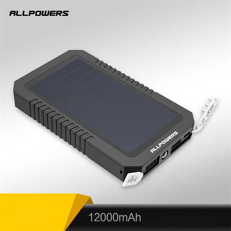 ALLPOWERS Solar Power Bank 12000mAh 2.4A Waterproof External Battery with LED Light for iPhone X/8/8 Plus etc.