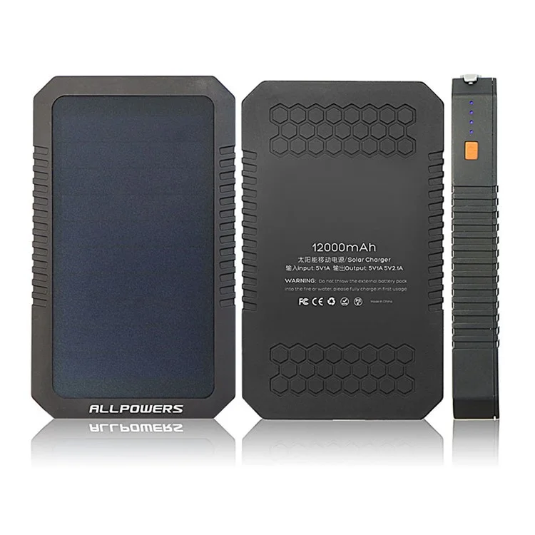 ALLPOWERS Solar Power Bank 12000mAh 2.4A Waterproof External Battery with LED Light for iPhone X/8/8 Plus etc.