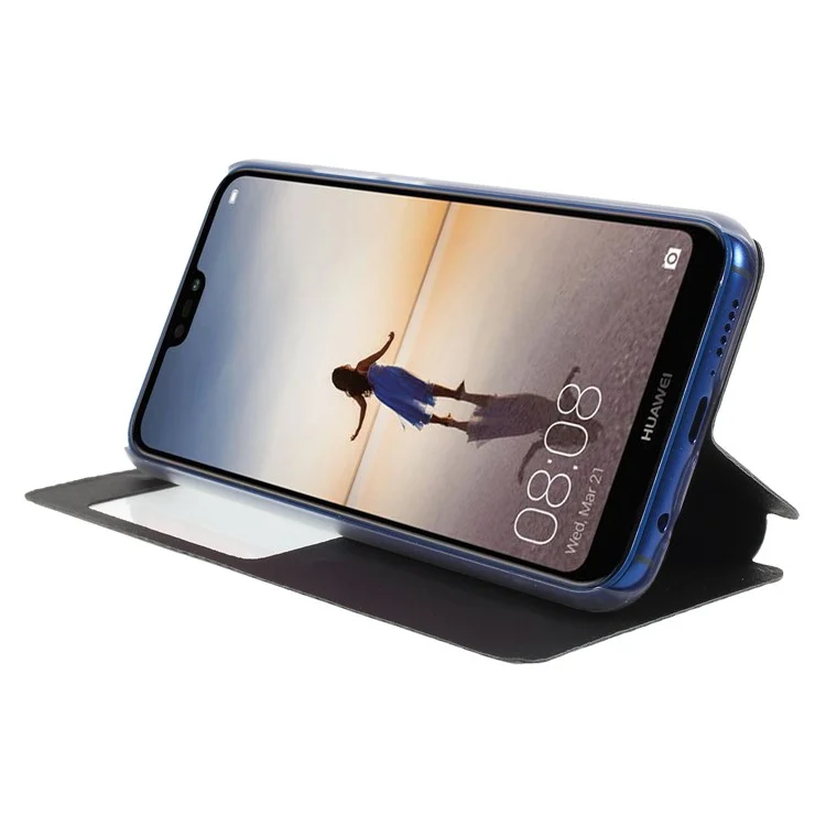 View Window Leather Stand Phone Case for Huawei P20 Lite / Nova 3e - Black