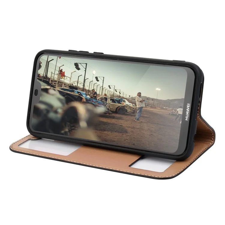 Dual View Windows Cowhide Leather Magnetic Stand Flip Case for Huawei P20 Lite/Nova 3e - Black