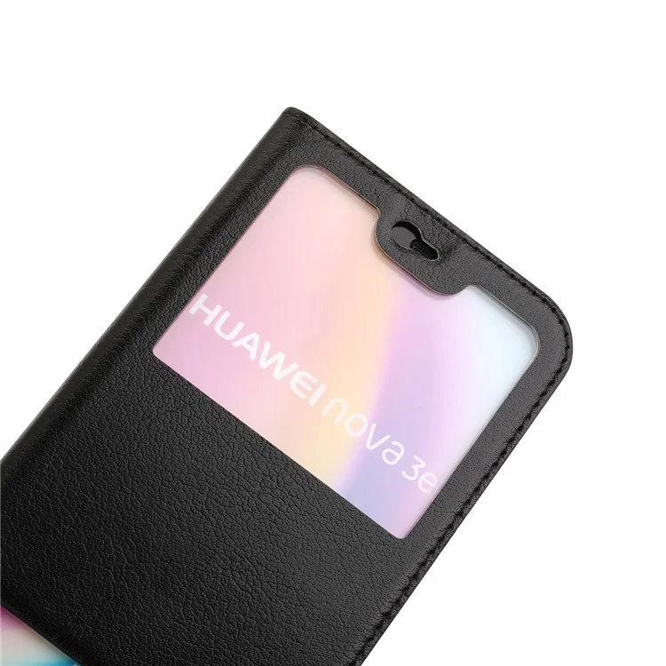 Dual View Windows Cowhide Leather Magnetic Stand Flip Case for Huawei P20 Lite/Nova 3e - Black