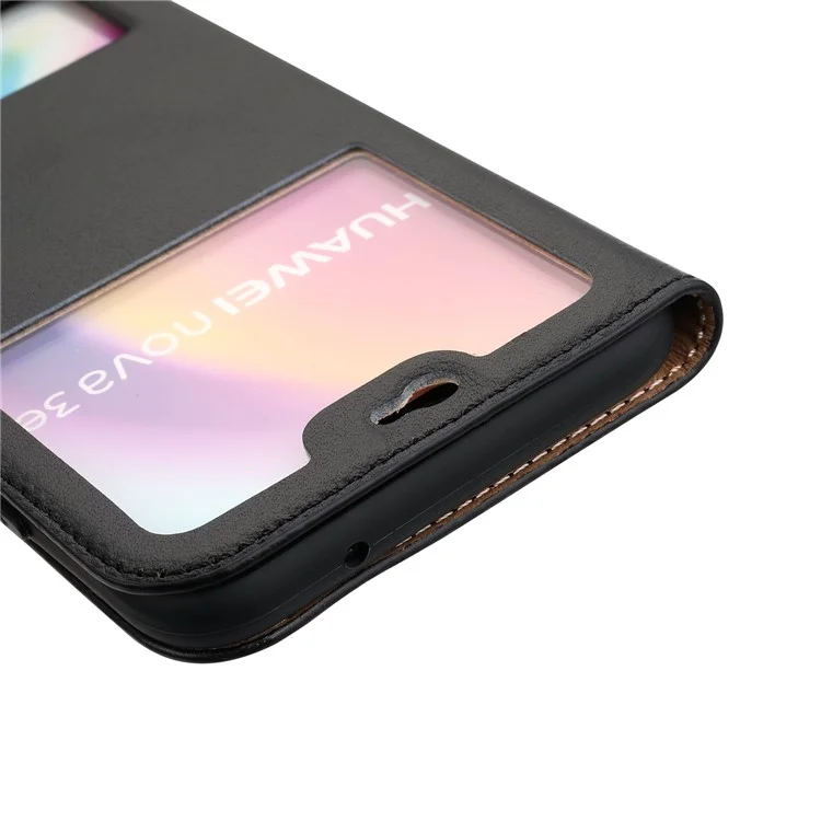 Dual View Windows Cowhide Leather Magnetic Stand Flip Case for Huawei P20 Lite/Nova 3e - Black