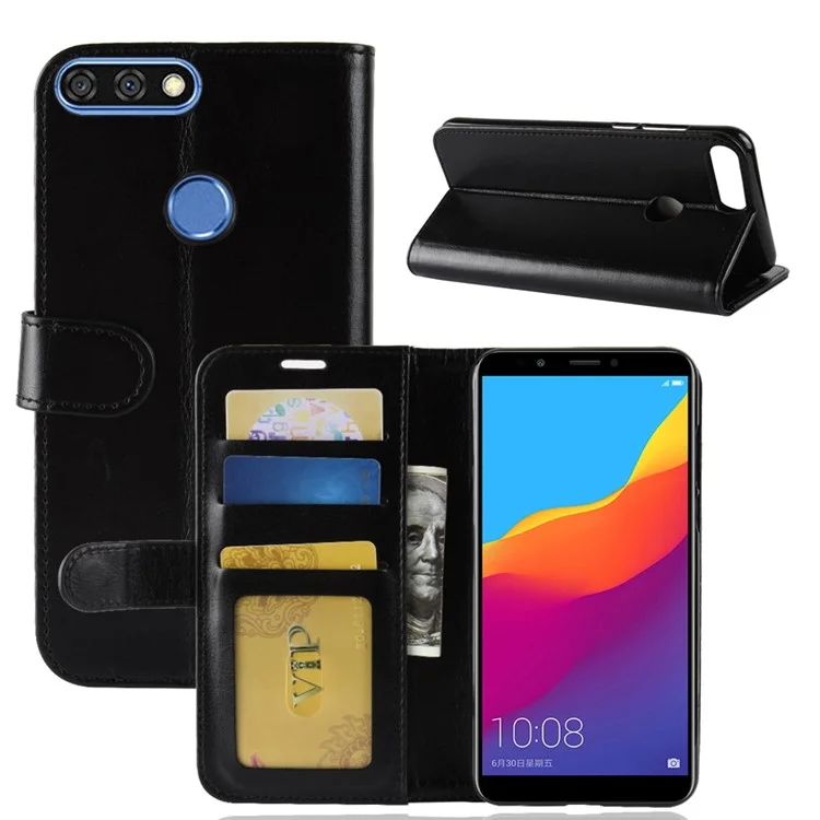 Crazy Horse Wallet Leather Stand Case for Huawei Honor 7C / Enjoy 8 /Y7 Prime (2018) - Black