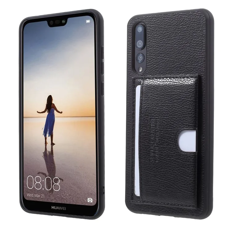 PU Leather Coated TPU Kickstand Card Holder Case for Huawei P20 Pro - Black
