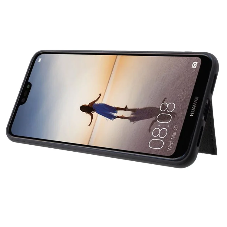 PU Leather Coated TPU Kickstand Card Holder Case for Huawei P20 Pro - Black