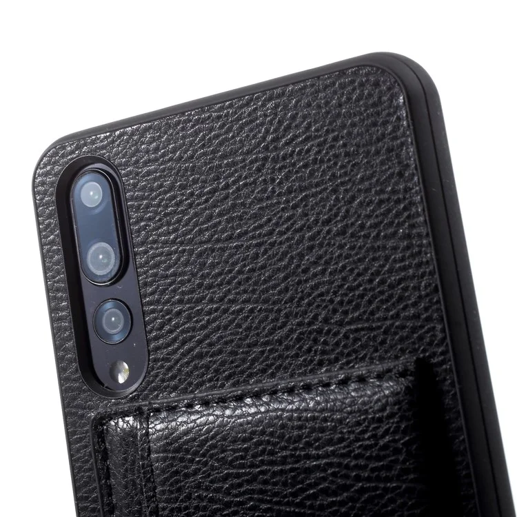 PU Leather Coated TPU Kickstand Card Holder Case for Huawei P20 Pro - Black