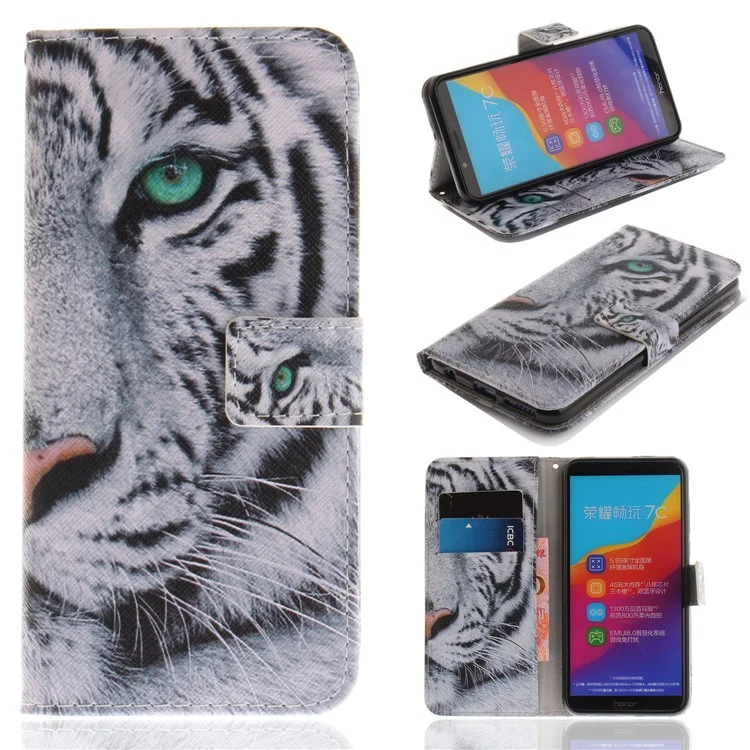 Pattern Printing Wallet Stand Leather Case for Huawei Honor 7C / Enjoy 8 /Y7 Prime (2018) - Tiger with Green Eye