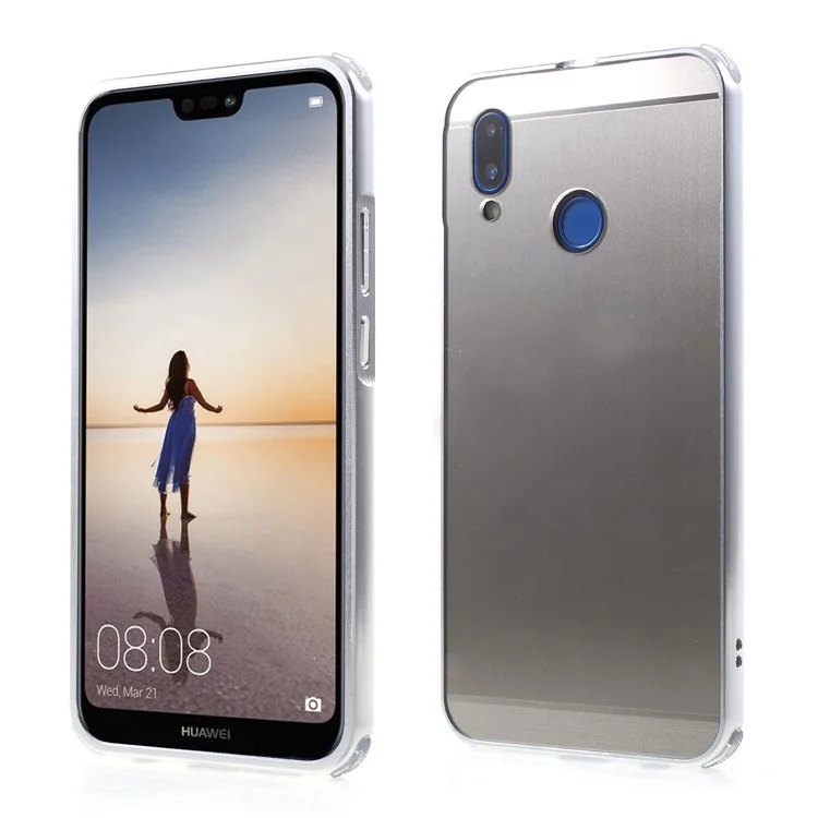 Slide-on Drop-proof Brushed PC Plate + Metal Bumper Hybrid Case for Huawei P20 Lite / Nova 3e - Silver