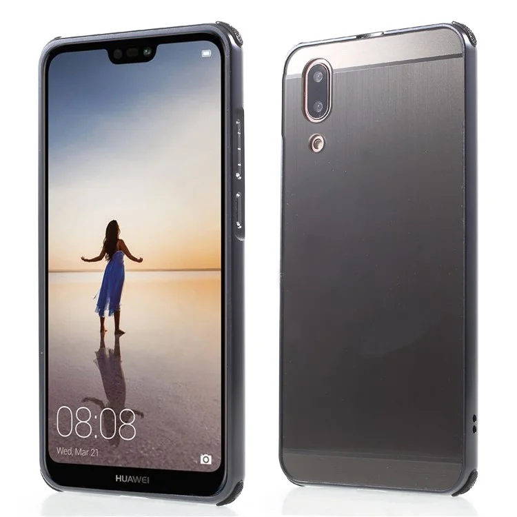 Plated Aluminum Alloy Bumper + Brushed PC Plate Drop-proof Back Case for Huawei P20 - Grey