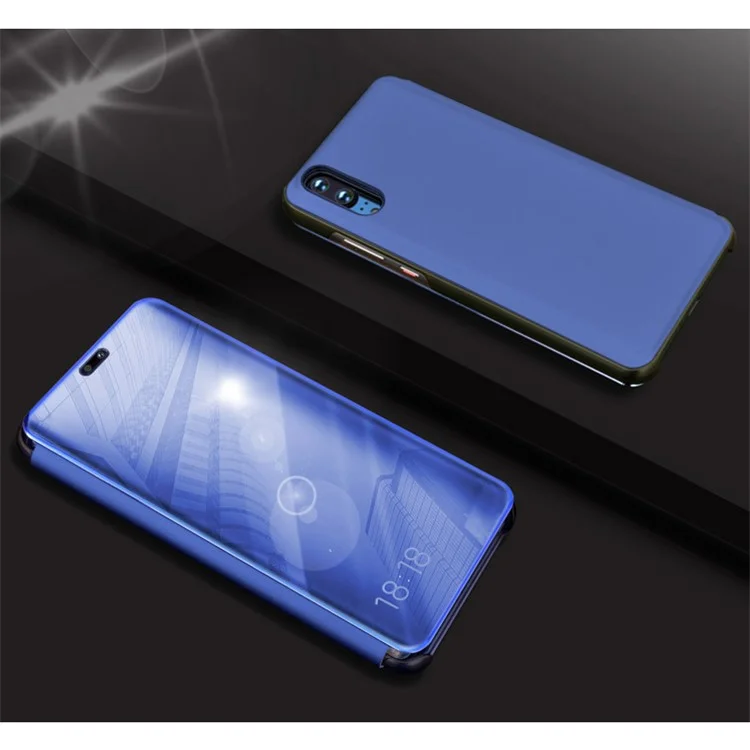 Electroplating Mirror Surface View Window Leather Phone Case for Huawei P20 - Blue