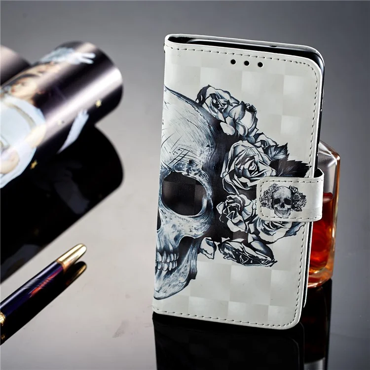 Pattern Printing Wallet Leather Stand Mobile Phone Case for Huawei P20 - Flowered Skull