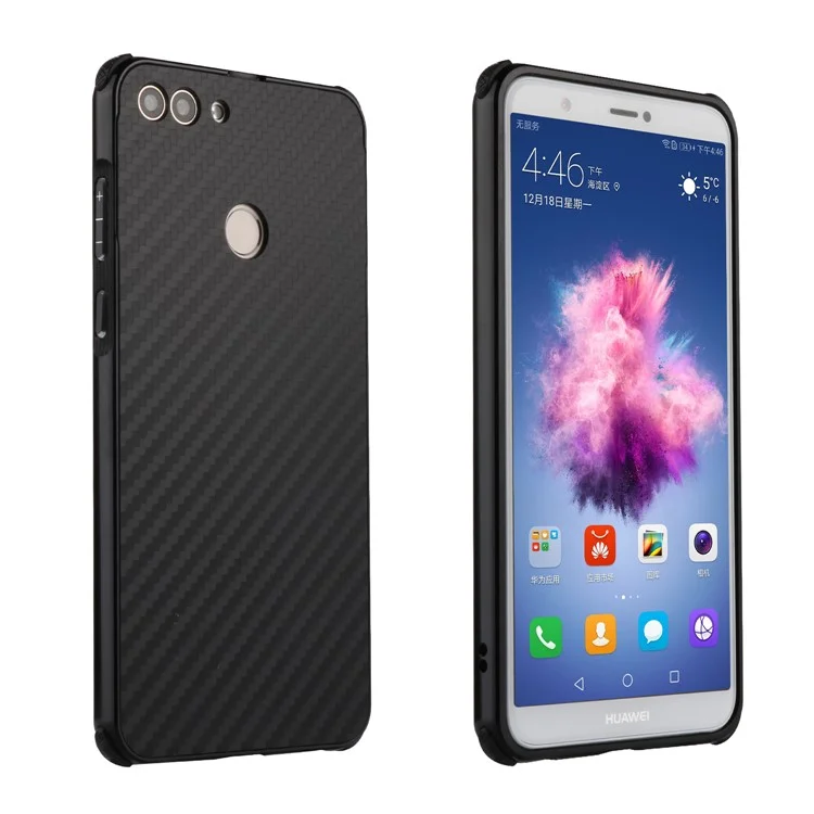 Electroplated Metal Bumper + Carbon Fiber PC Back Panel Slide-on Case for Huawei P Smart/Enjoy 7S - Black