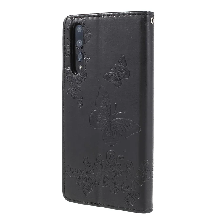 For Huawei P20 Pro Imprint Butterfly Flower Wallet Stand Leather Case - Black