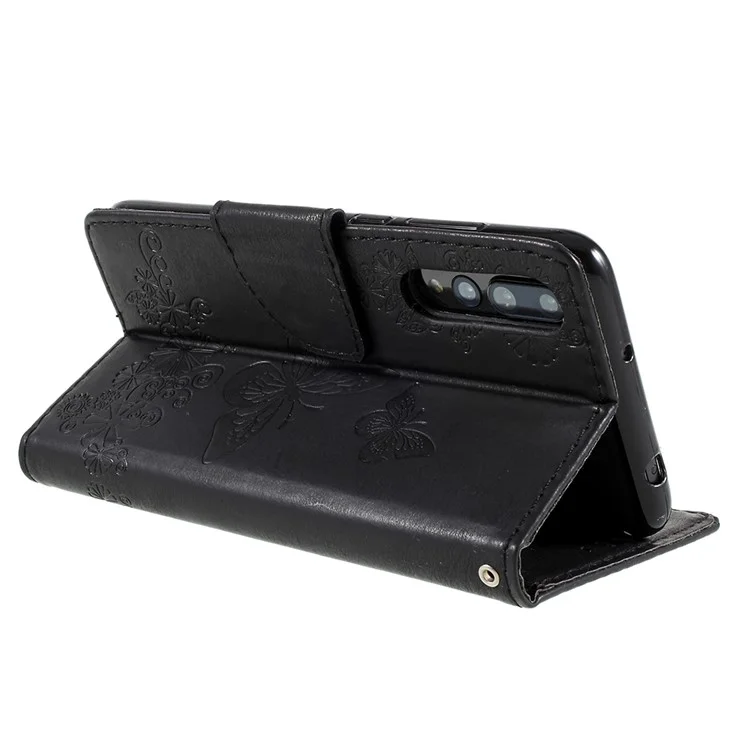 For Huawei P20 Pro Imprint Butterfly Flower Wallet Stand Leather Case - Black