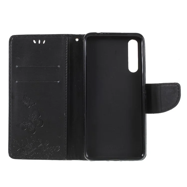 For Huawei P20 Pro Imprint Butterfly Flower Wallet Stand Leather Case - Black