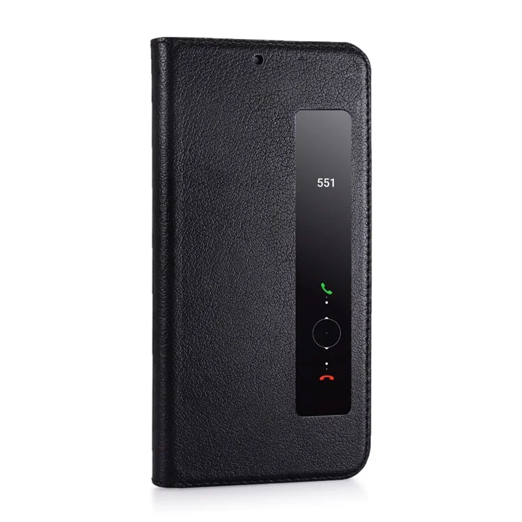 View Window Genuine Leather Auto Wake Up / Sleep Stand Flip Case for Huawei P20 - Black