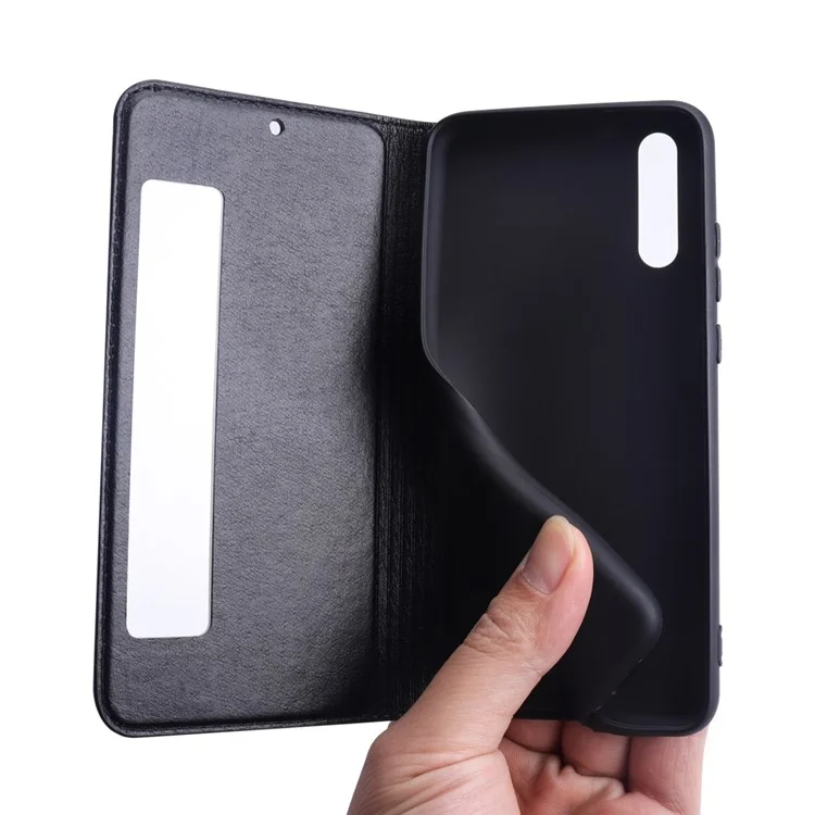 View Window Genuine Leather Auto Wake Up / Sleep Stand Flip Case for Huawei P20 - Black