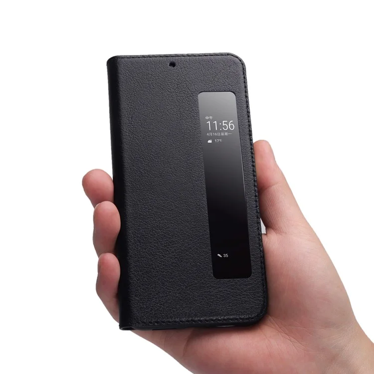 View Window Genuine Leather Auto Wake Up / Sleep Stand Flip Case for Huawei P20 - Black