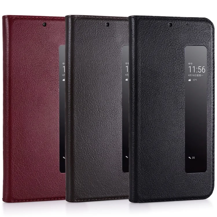 View Window Genuine Leather Auto Wake Up / Sleep Stand Flip Case for Huawei P20 - Black